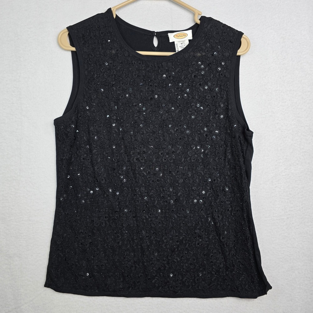 Talbots Black Sleeveless Sequin Lace Overlay Top Women Size M Holiday Party Glam